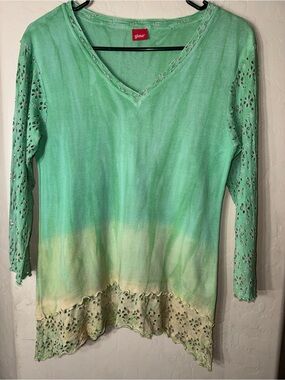 Glima Mint Eyelet Lace Trim V-Neck Tunic Top Size L 3/4 Sleeve Boho Cottage